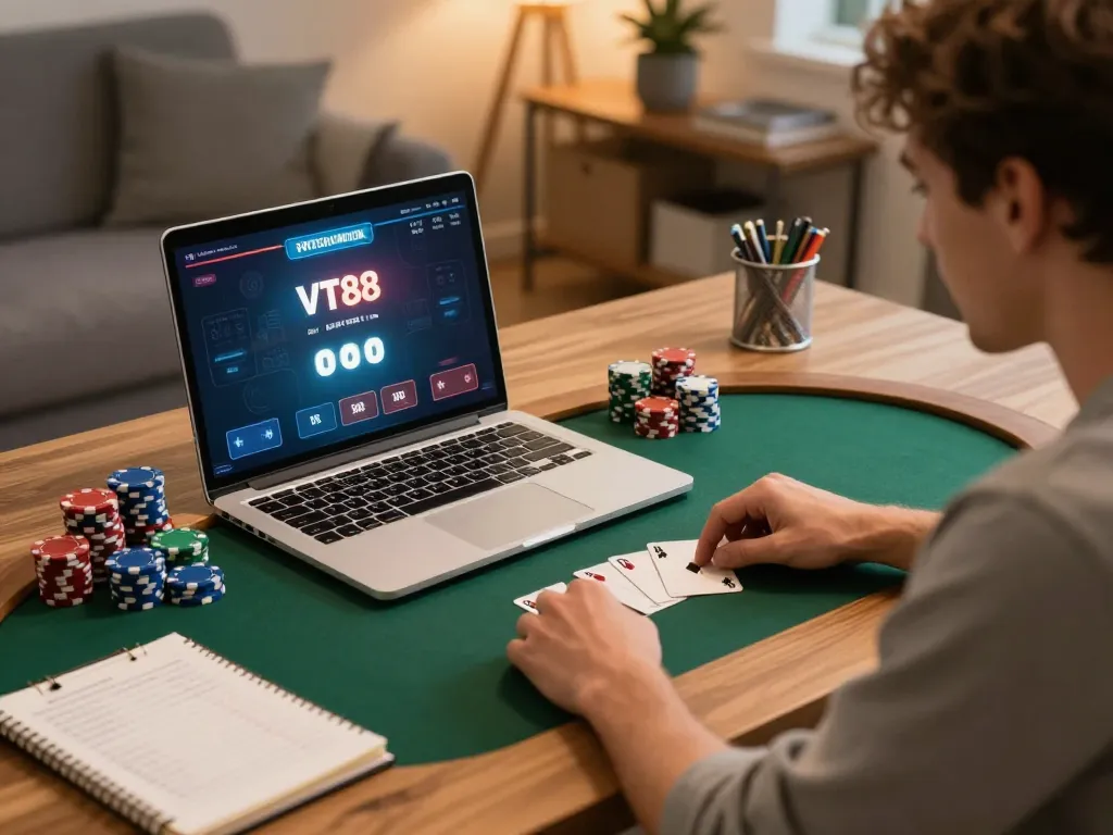Player focusing on strategic moves in online poker at VT88, showcasing engagement and excitement.