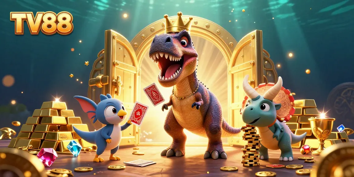 TV88 showcases a dynamic casino scene with a T-Rex shuffling cards and vibrant chips, embodying thrilling gaming action.