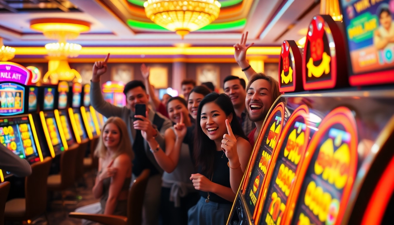 Nikmati pgbet slot yang menakjubkan dengan pemain merayakan kemenangan di kasino.