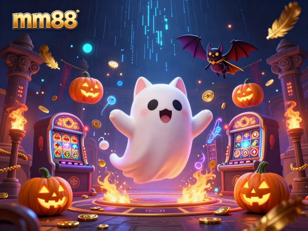 Experience the thrill of mm88 gaming with a ghost cat and captivating casino elements.