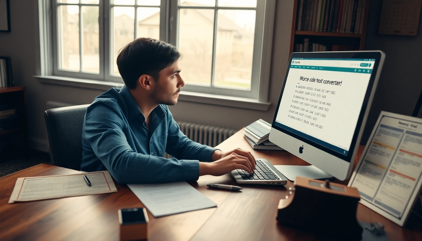 Morse code to text converter in action, highlighting a person translating code on a computer alongside vintage learning tools.