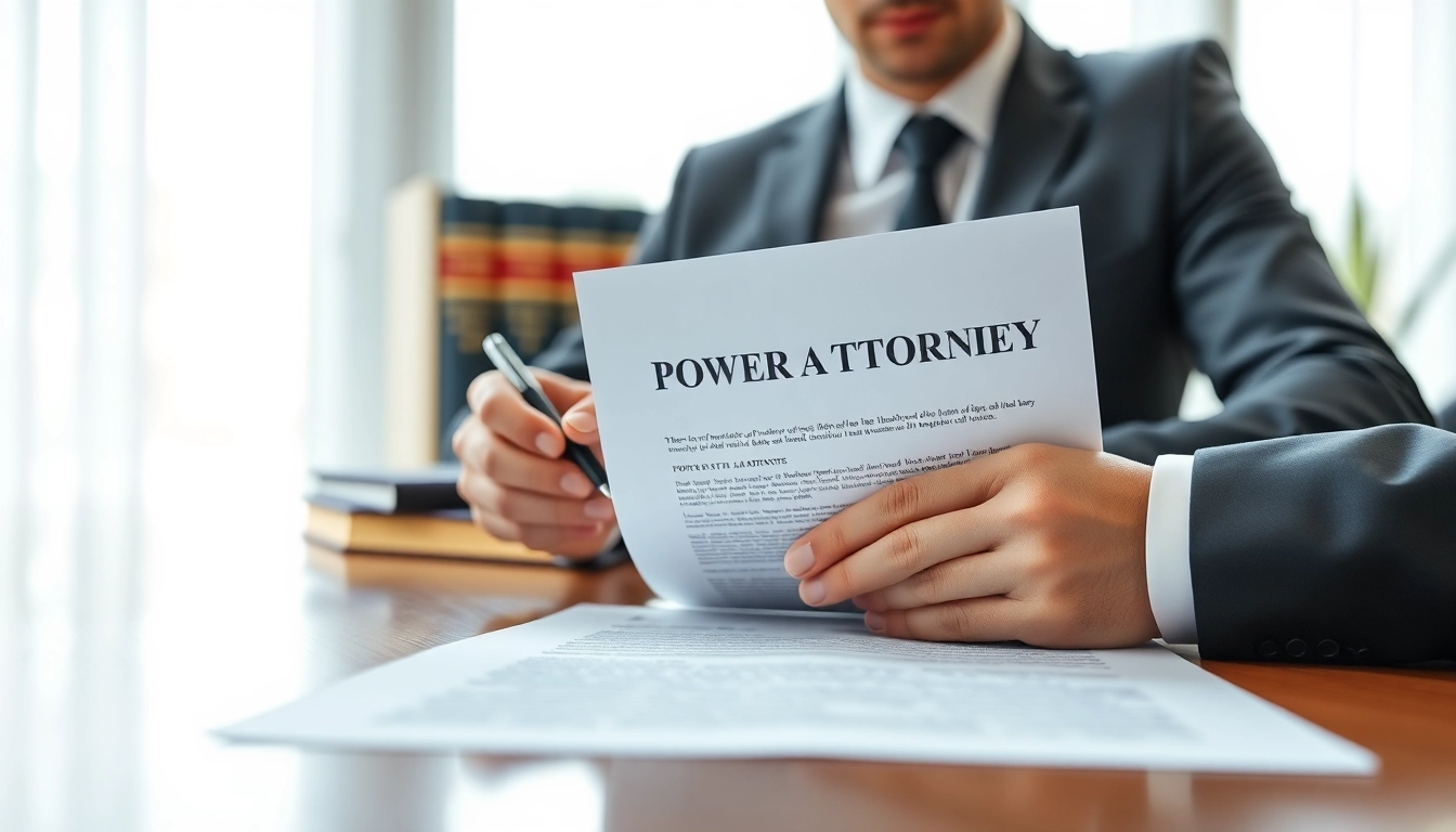 Lawyer examining a Power of Attorney document in a modern office, showcasing professionalism.