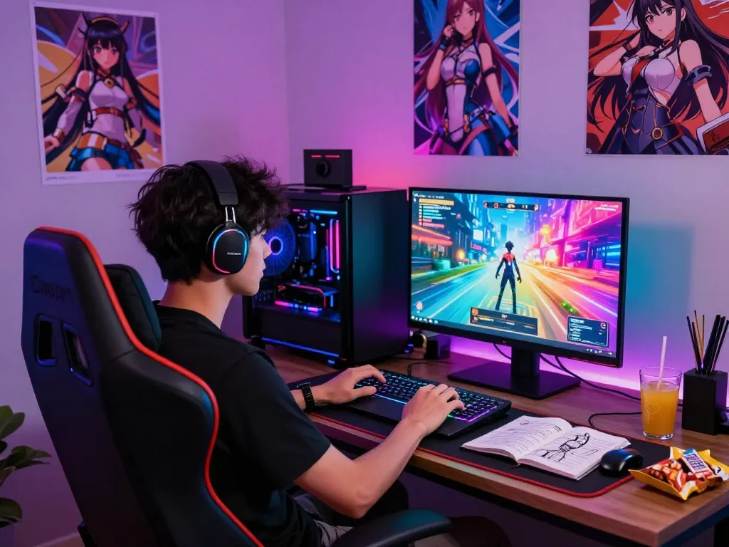 Gamer immersed in a porn game on laptop, vibrant atmosphere with game graphics and snacks.