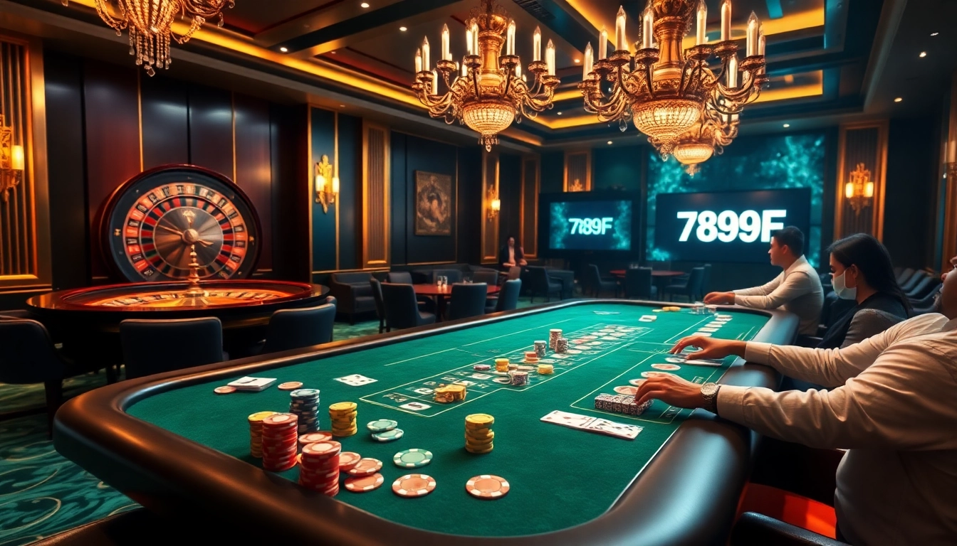 Experience the excitement of gambling at 789F with a vibrant casino scene showcasing poker and roulette.