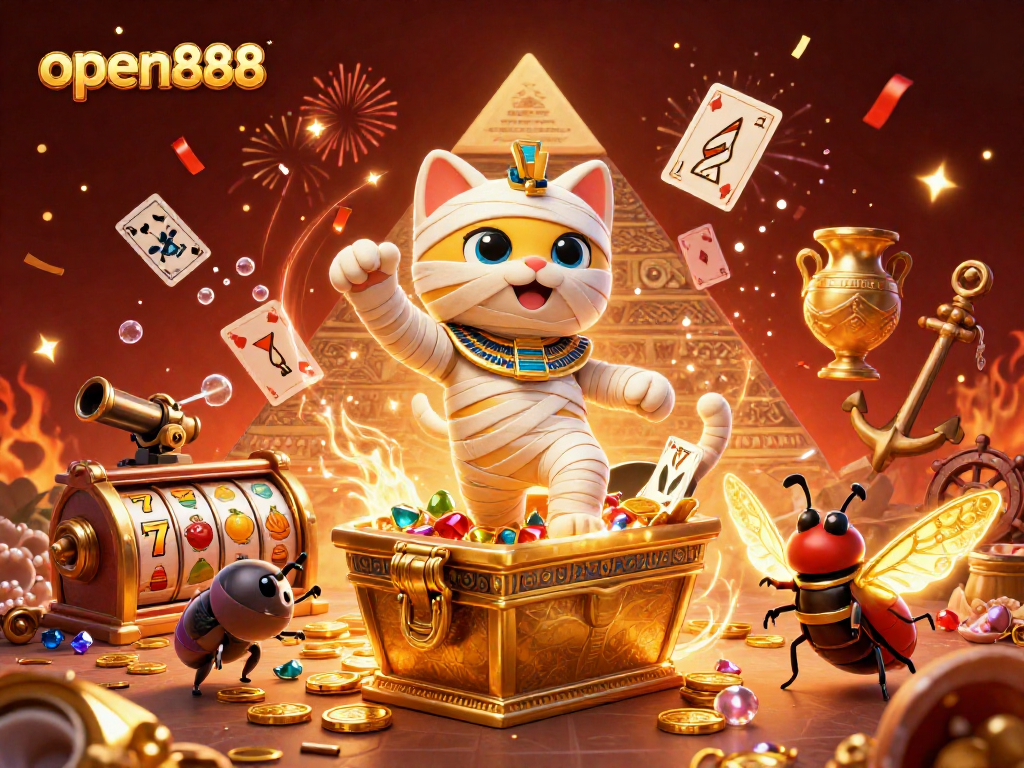 Engaging players with open888, the Egyptian mummy cat bursts from a sarcophagus amidst vibrant casino reels.