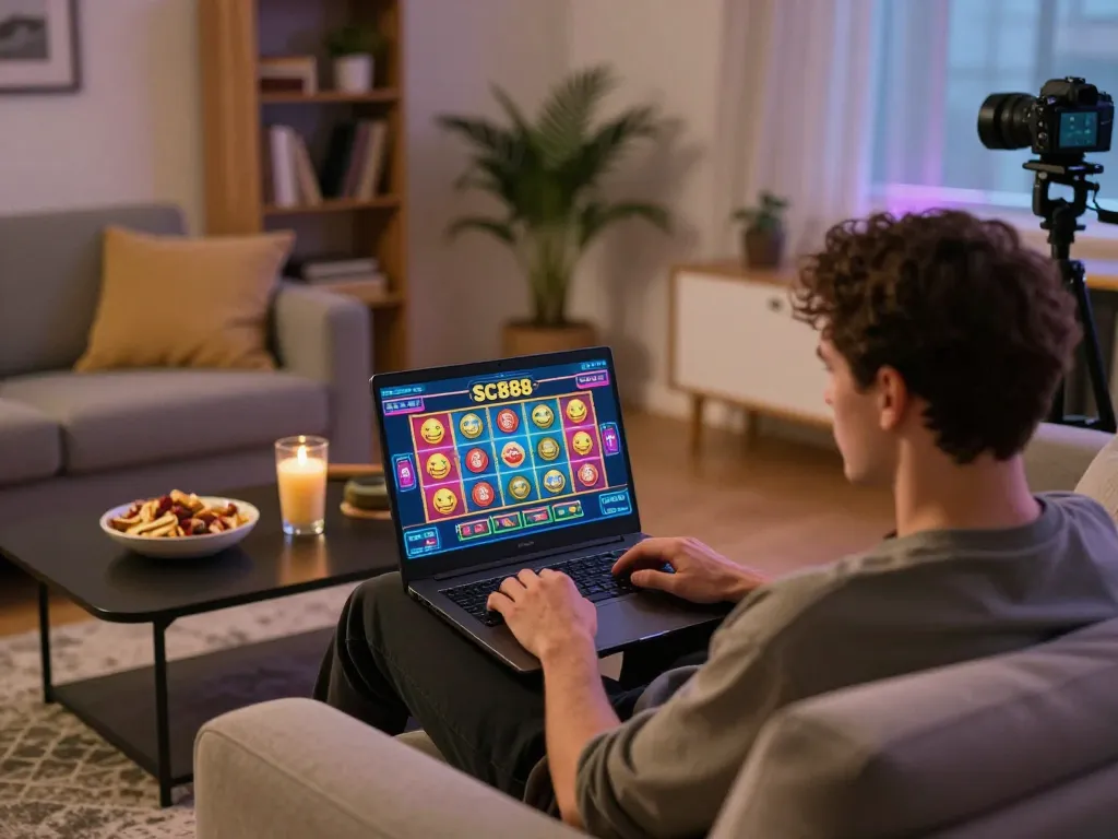 Engaging online gambling session with SC888 games displayed on laptop screen in a cozy home setting