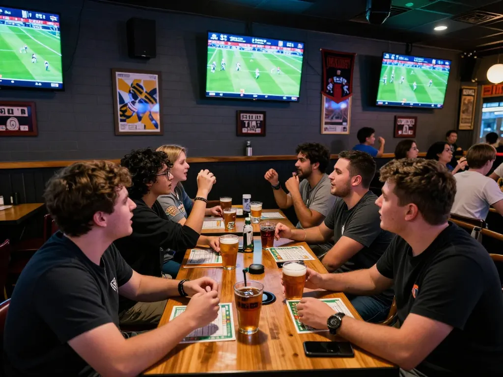 Fans engaging in sports betting at VUASANCO while watching live football matches on multiple screens in a lively sports bar atmosphere.