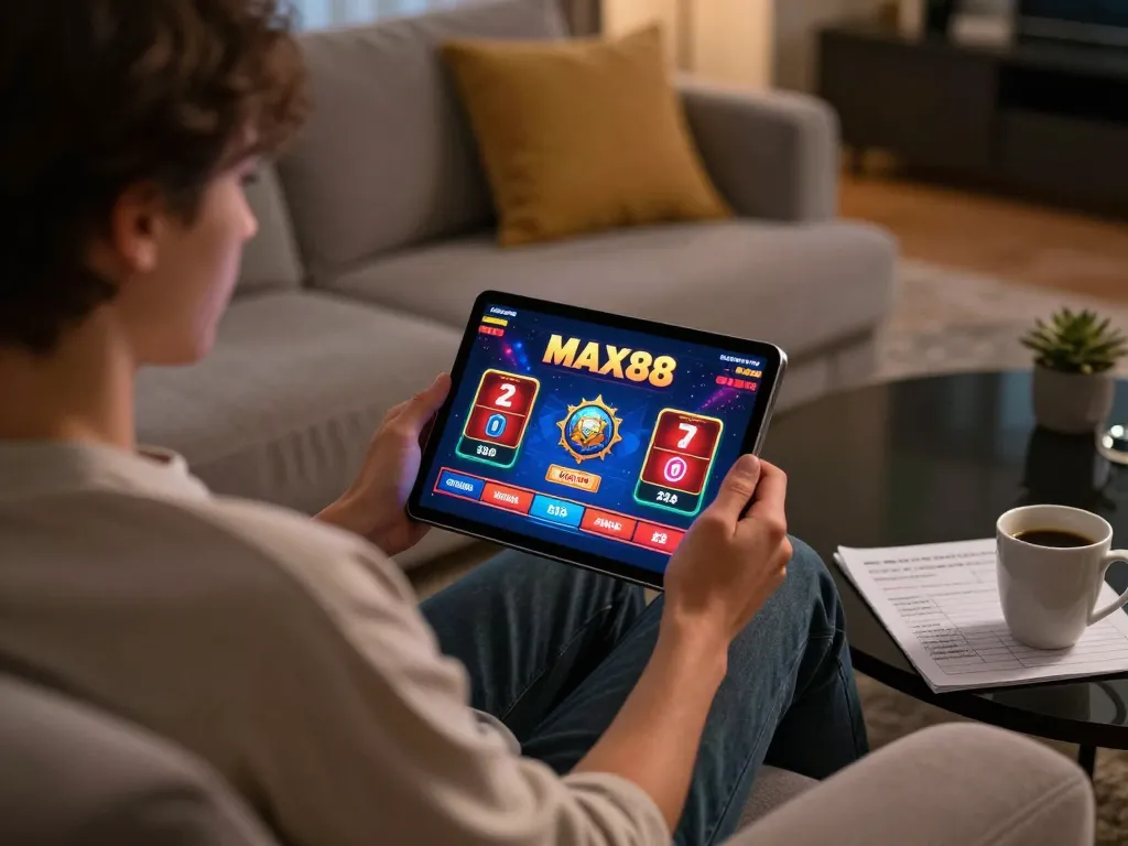 Relaxed player engaging in online MAX88 gambling while managing strategy notes.