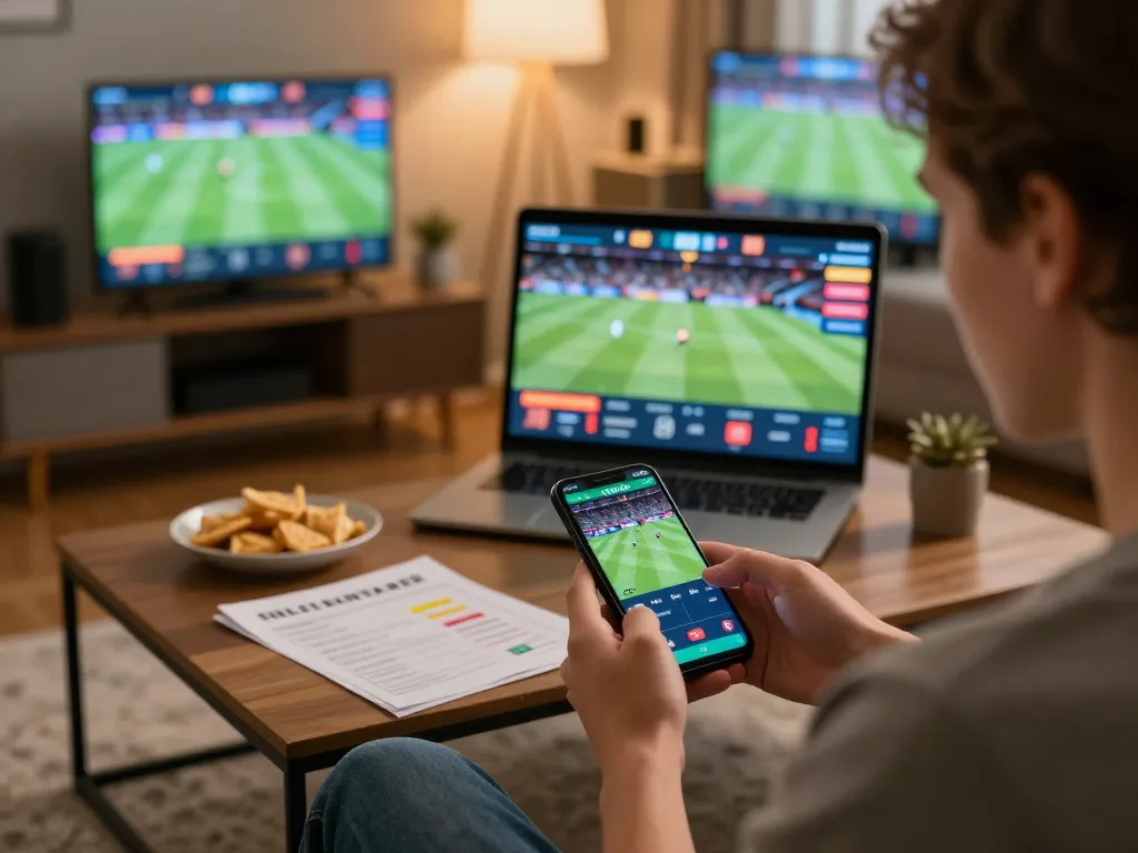 Engaging in live sports betting through fly88 on a smartphone in a cozy home setting, highlighting a strategic approach.