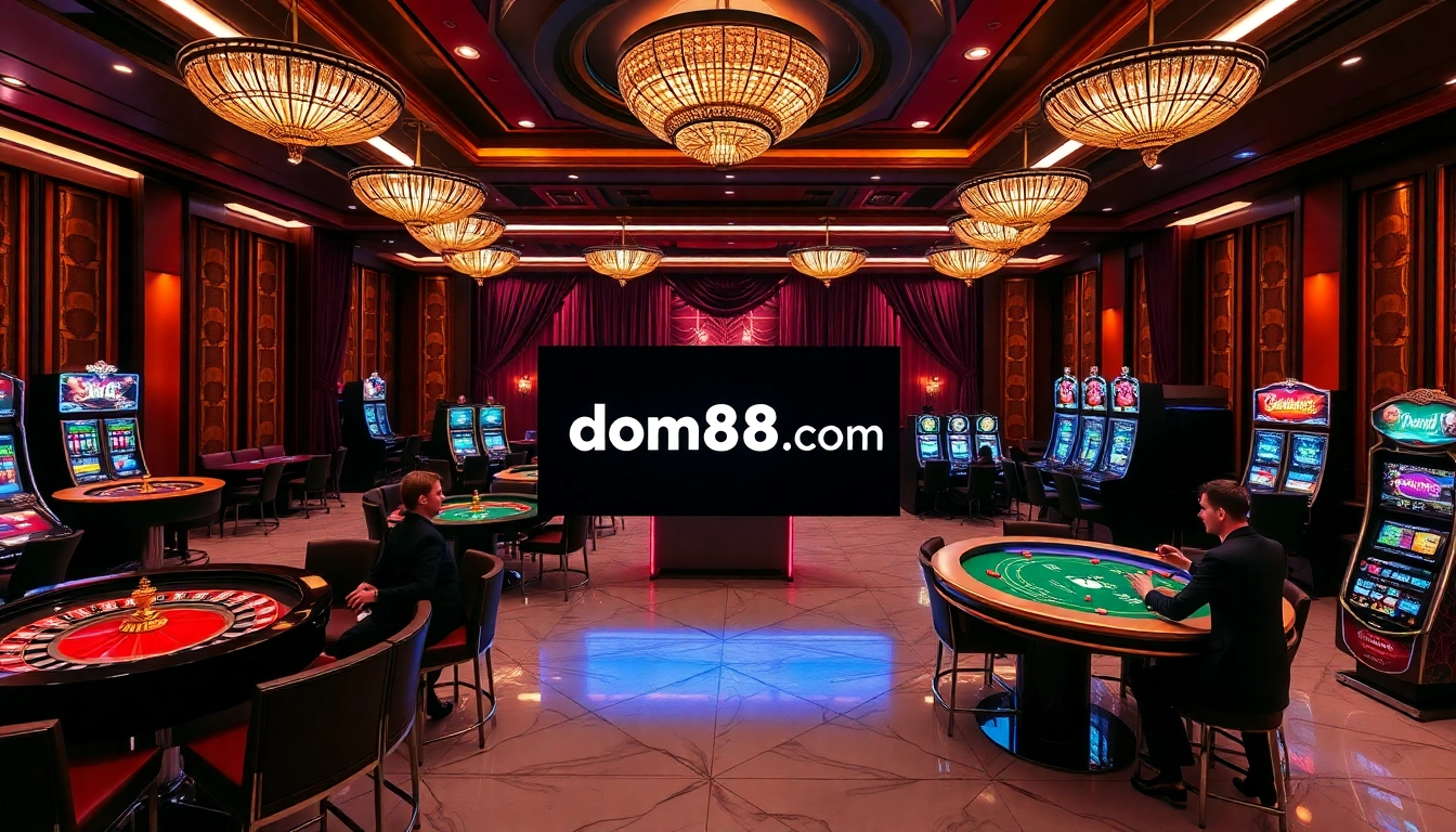 Enjoying high-stakes gaming at dom88.us.com with luxurious casino tables and vibrant atmosphere.