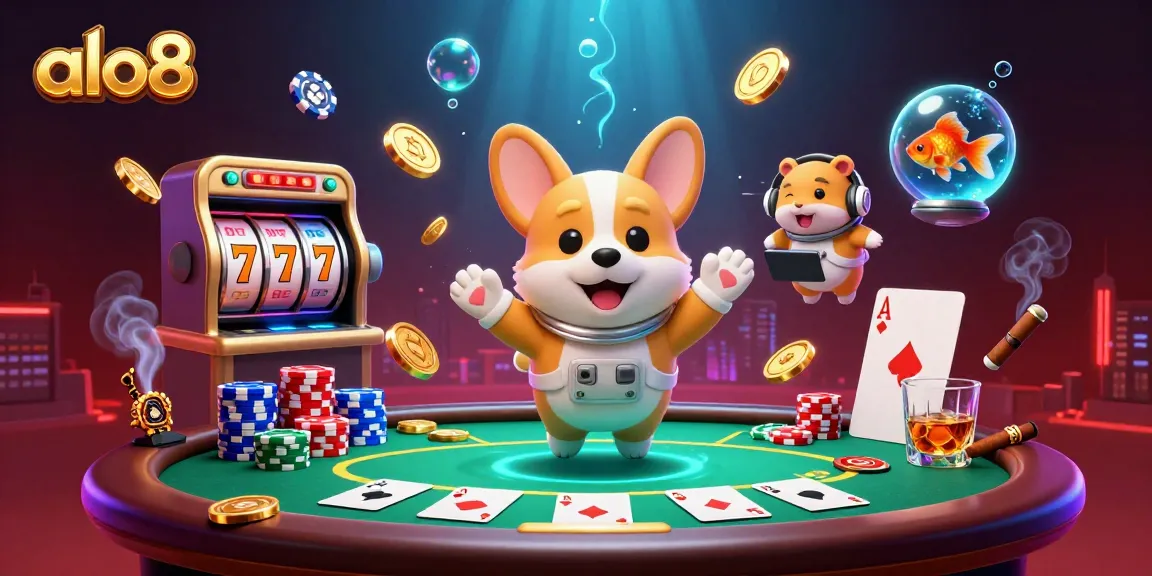 Experience thrilling gameplay at alo8 casino with floating poker chips, vibrant slot reels, and engaging characters.