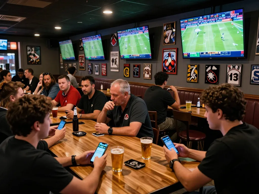 Fans engaging with their smartphones for keo nha cai bets in a lively sports bar.