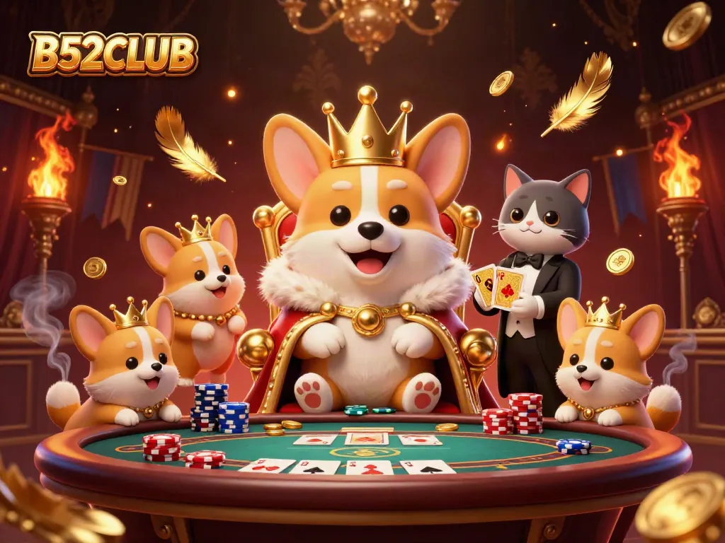 B52CLUB invites players with a royal corgi, games, and vibrant atmosphere in a dynamic scene.