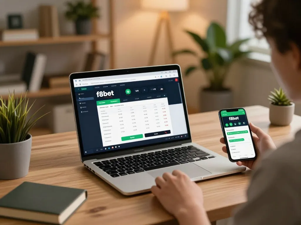 Experience exciting sports betting at f8bet with a user engaging on a laptop in a cozy home office.