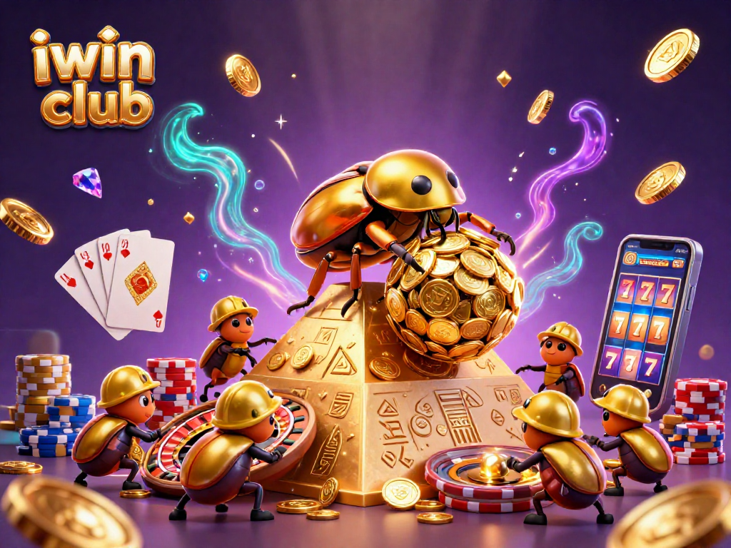 Engage with iwin club's vibrant casino scene featuring a golden dung beetle rolling coin balls.