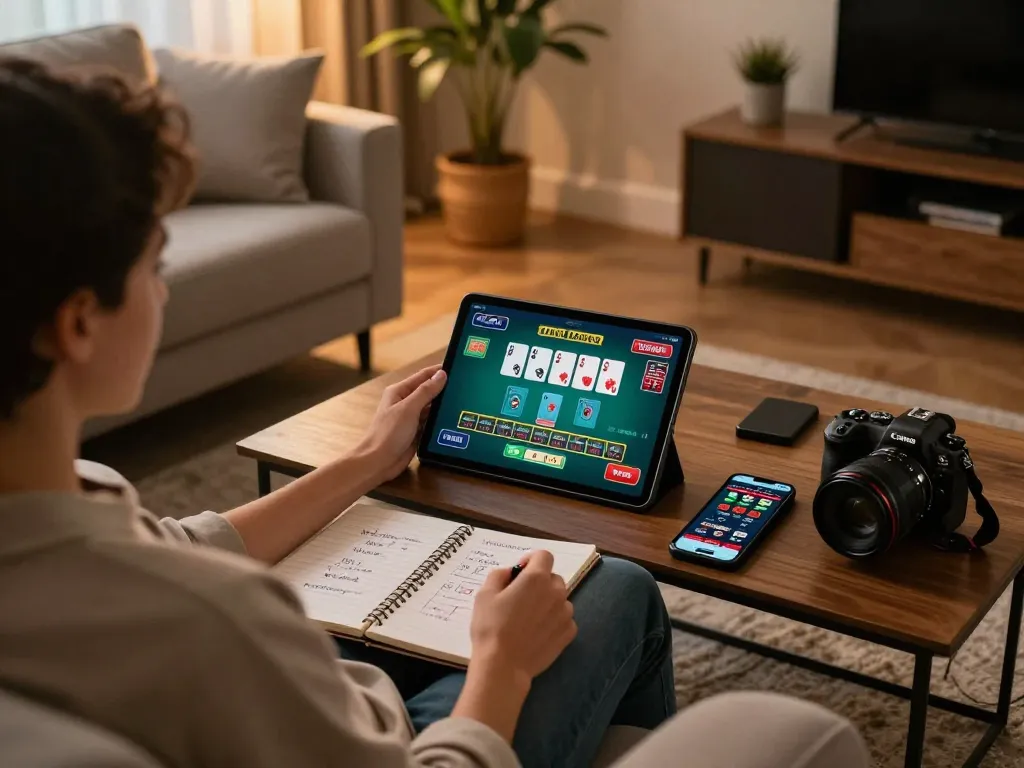 Player engaging with online blackjack at home, showcasing GG888 interface on tablet with strategic notes around.