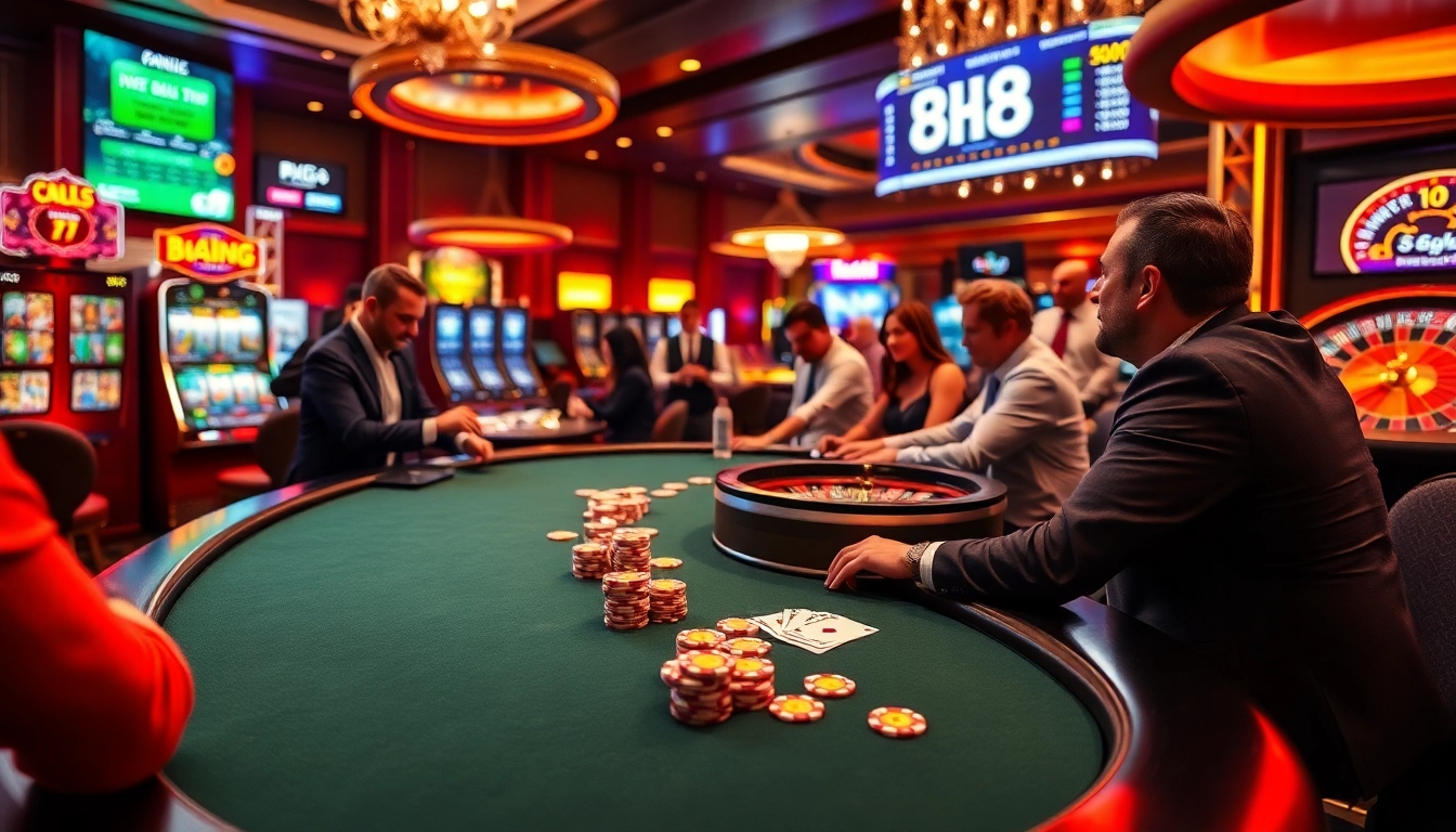 Exciting scene at bk8 casino with poker games, slot machines, and roulette tables.