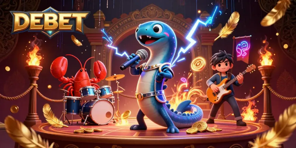 Engage with DEBET at an electrifying underwater casino party featuring animated characters and dynamic gambling elements.