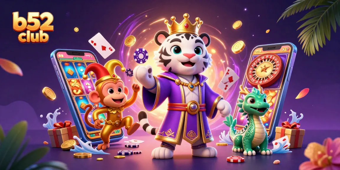 Win big at b52 club with a vibrant 3D illustration of game elements and playful characters.