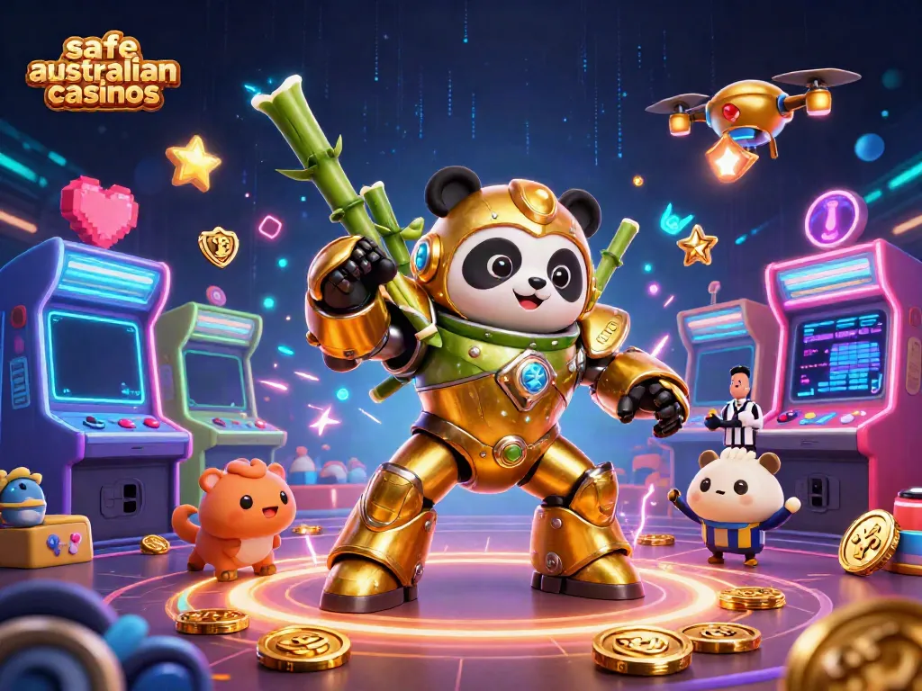 Engage with safe Australian casinos through a dynamic mech-suit panda in a vibrant gaming arena.