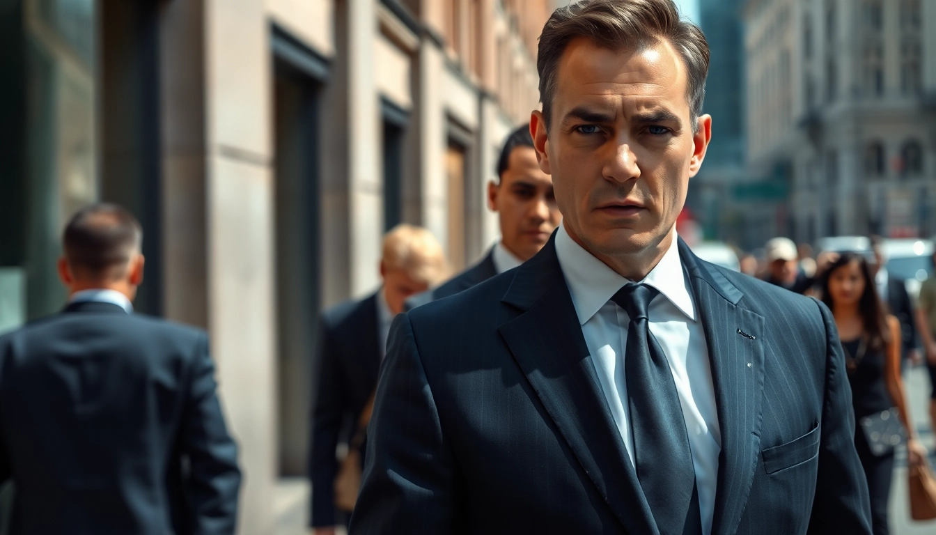 Bodyguard Service with a professional bodyguard protectively escorting a high-profile individual in an urban setting.