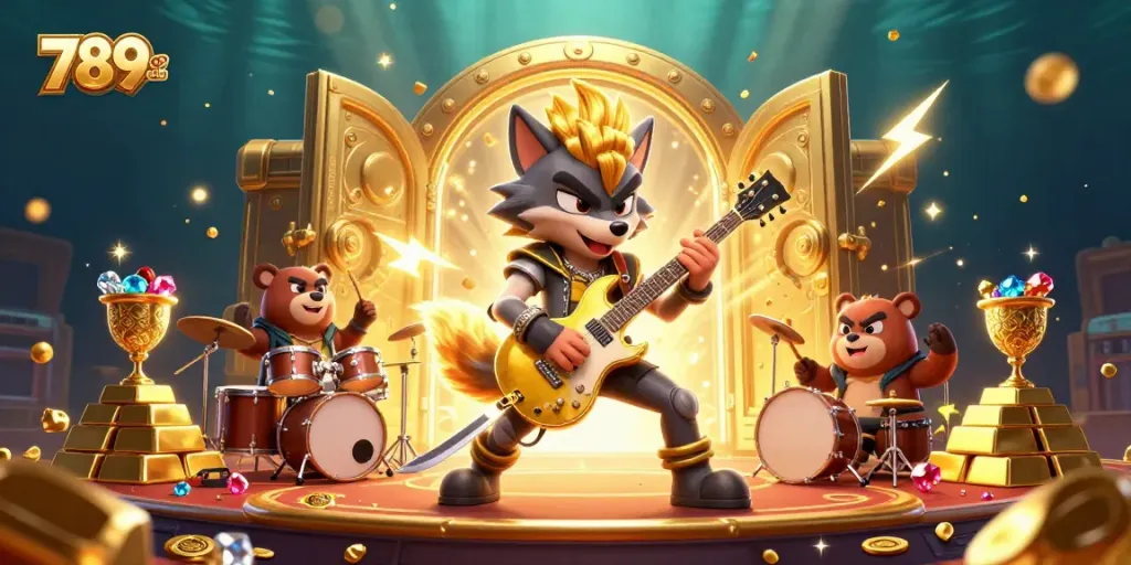 Engage in thrilling 789CLUB casino action with dynamic 3D characters and gold treasures.