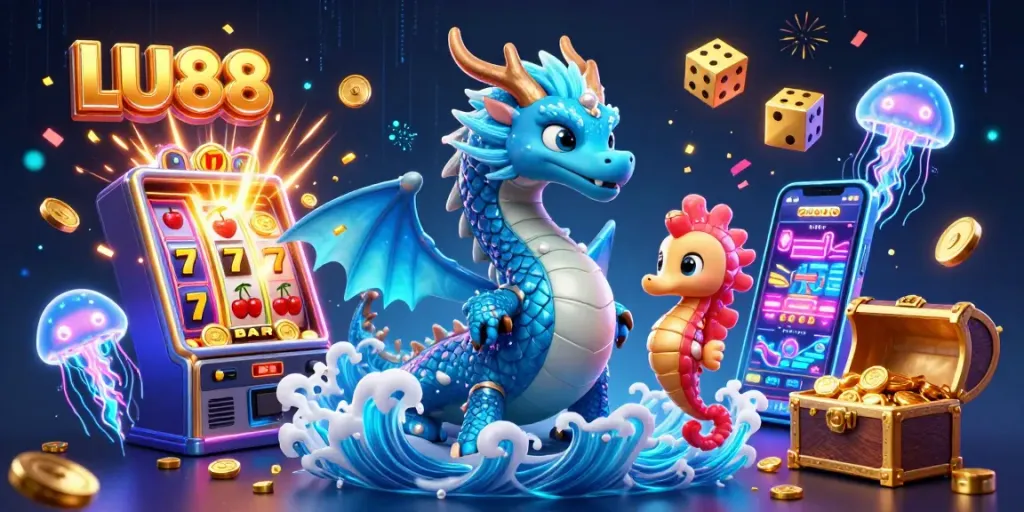 LU88 energizes players with a vibrant casino experience featuring a magical dragon, seahorse knight, and slot machine action.