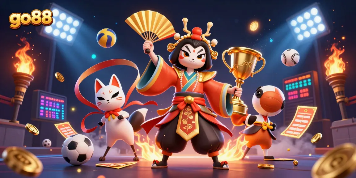 Experience the excitement of go88 with vibrant 3D characters and dynamic sports elements in a thrilling casino illustration.