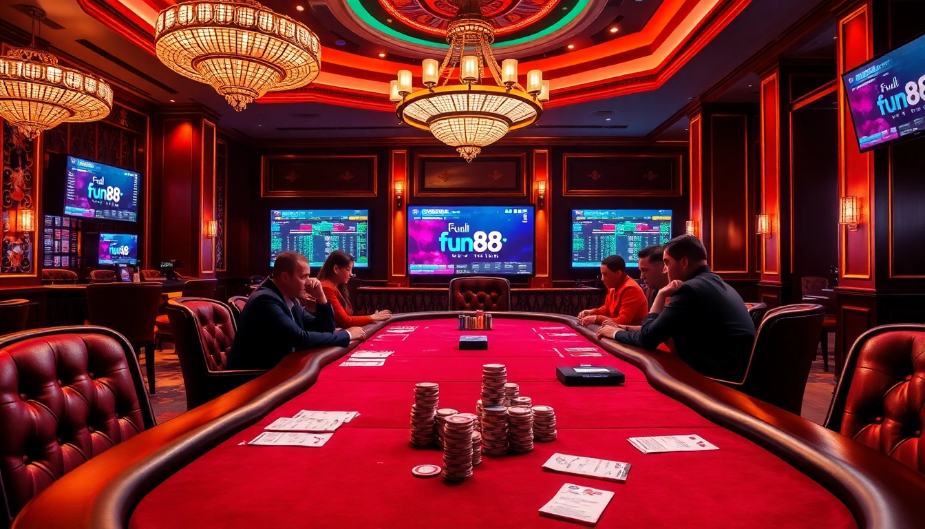 Experience the thrill of Fun88 Thai with high-stakes poker players enjoying a luxurious casino setting.