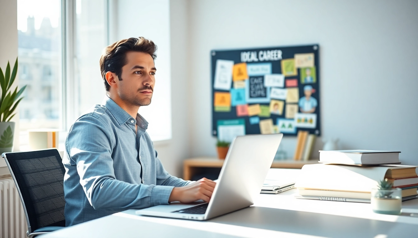 Person reflecting on their ideal career at a well-organized desk with a laptop and vision board.