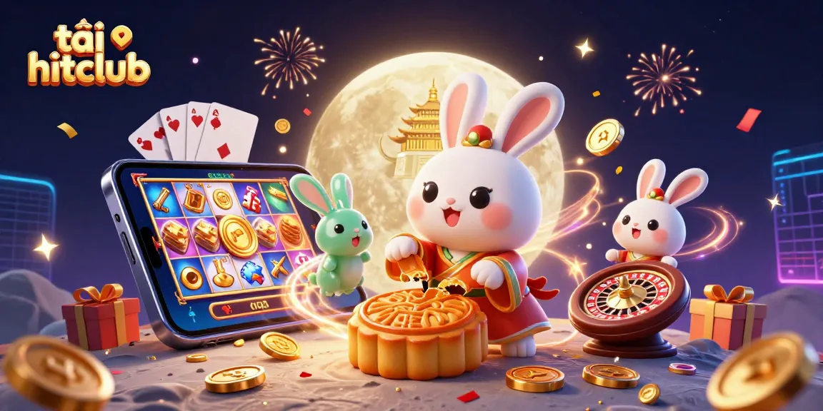 Join the fun at tải hitclub where a moon rabbit features vibrant gambling graphics in a festive scene.