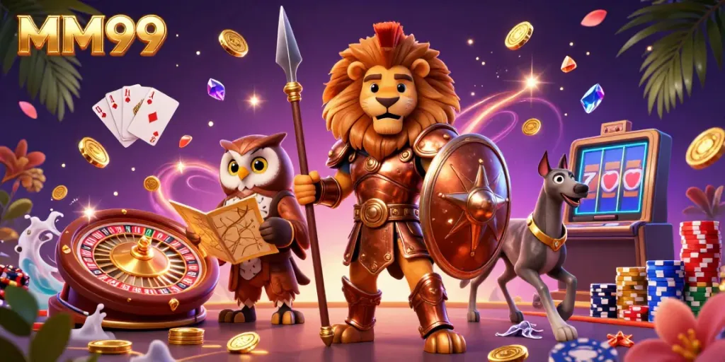 Experience thrilling gaming with MM99 in an ultra-detailed cartoon scene of a Spartan lion, owl strategist, and greyhound messenger.