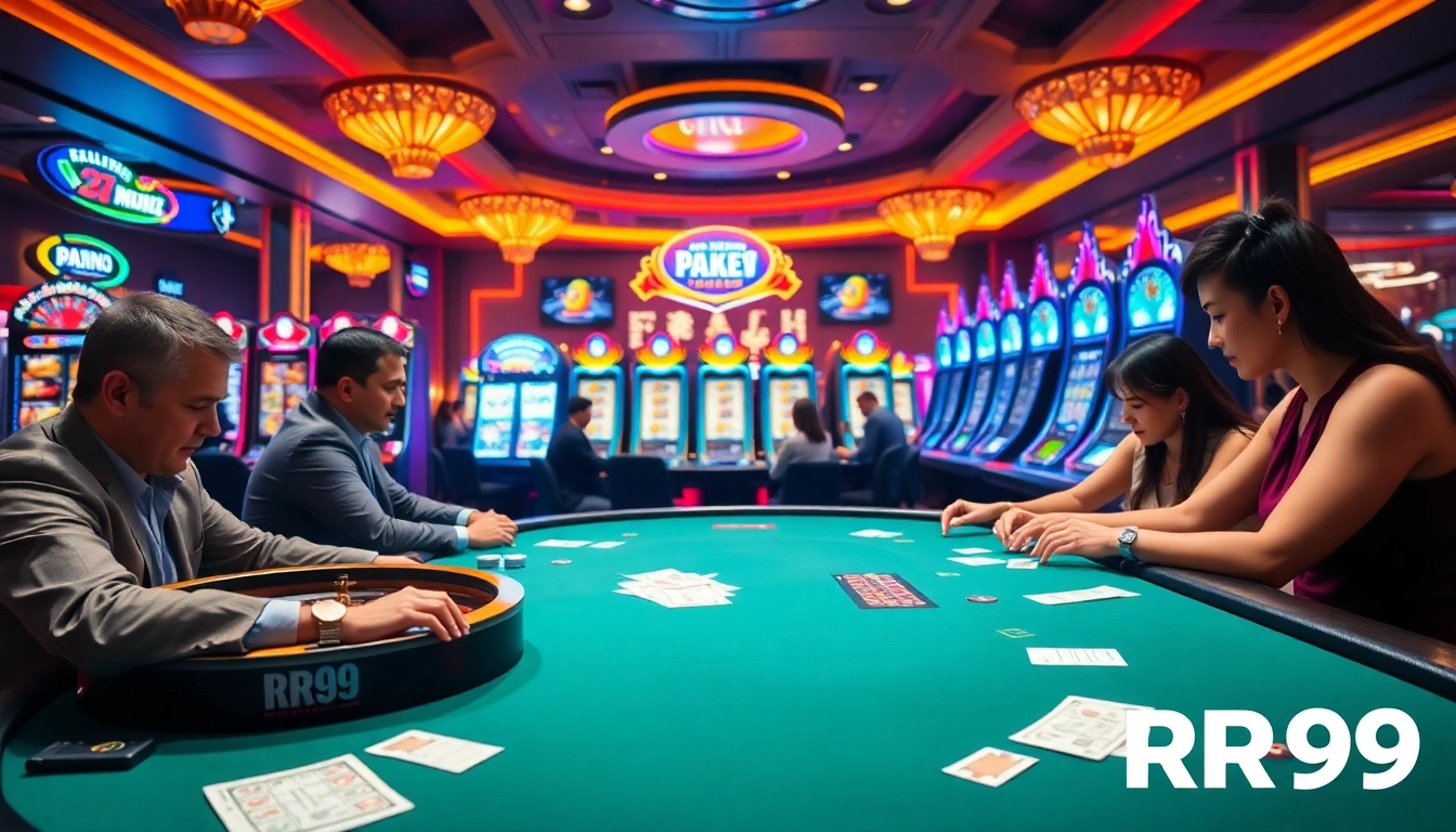 Exciting gaming moment at RR99 casino table with players immersed in poker action.