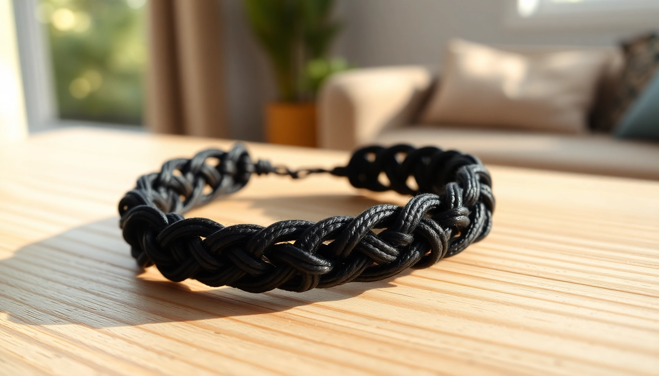 Stilvolles schwarzes Stoffarmband auf einer Holzoberfläche, das feine Gewebestrukturen und eine warme Ausstrahlung zeigt.