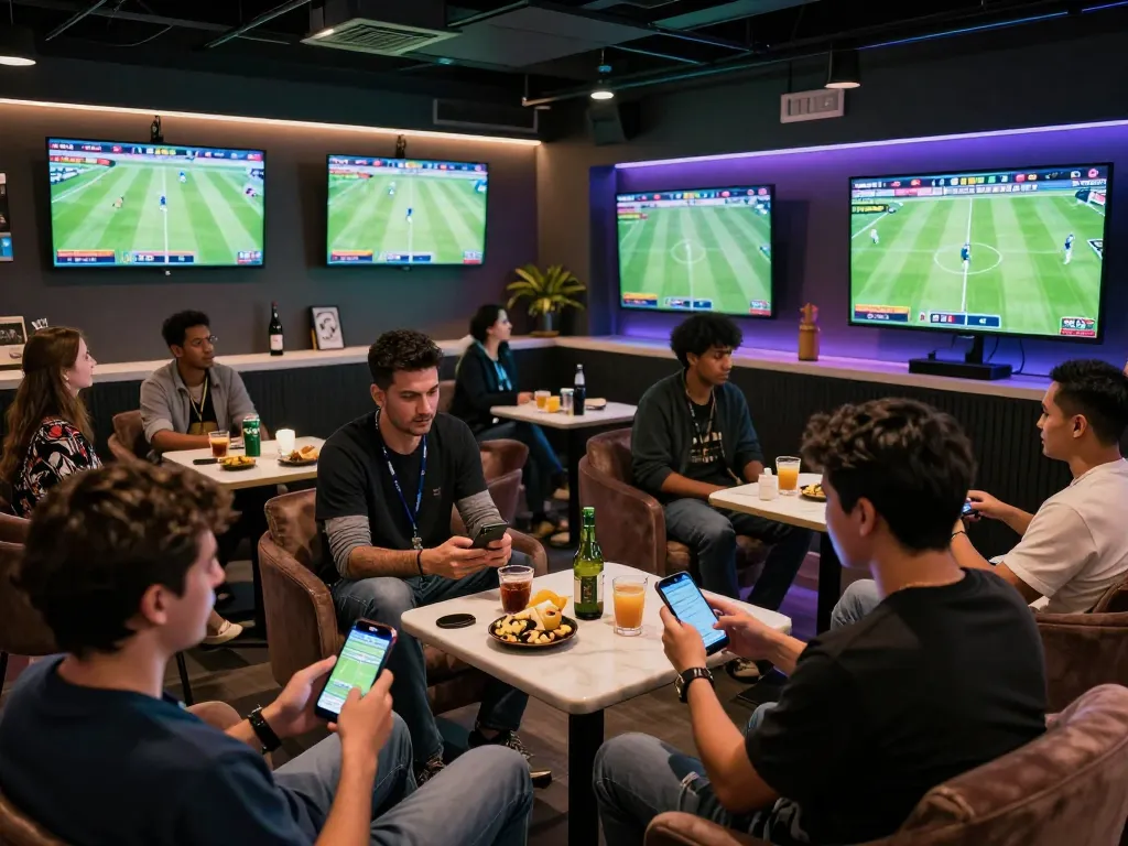 Tỷ lệ bóng đá hôm nay showcased in a modern sports betting lounge with live match screens and engaged bettors.