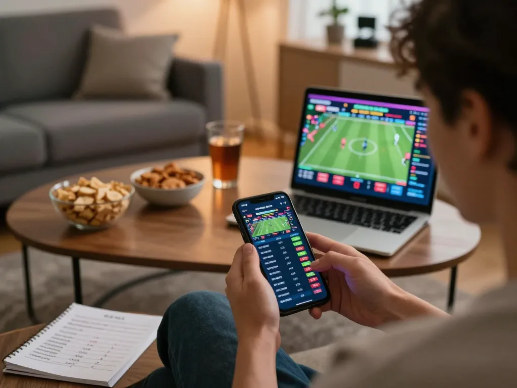 Engaging in online sports betting on smartphone displaying sv66 live odds in a cozy atmosphere.
