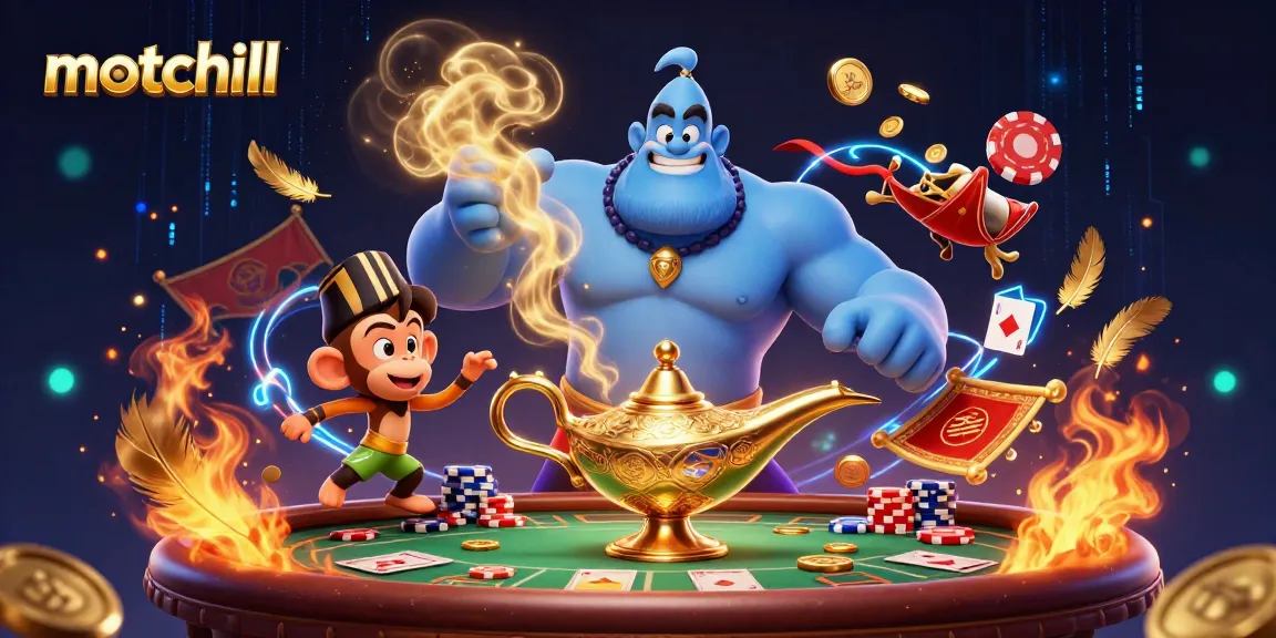 Experience thrilling gambling with motchill's poker action featuring a magical genie and vibrant scenes.