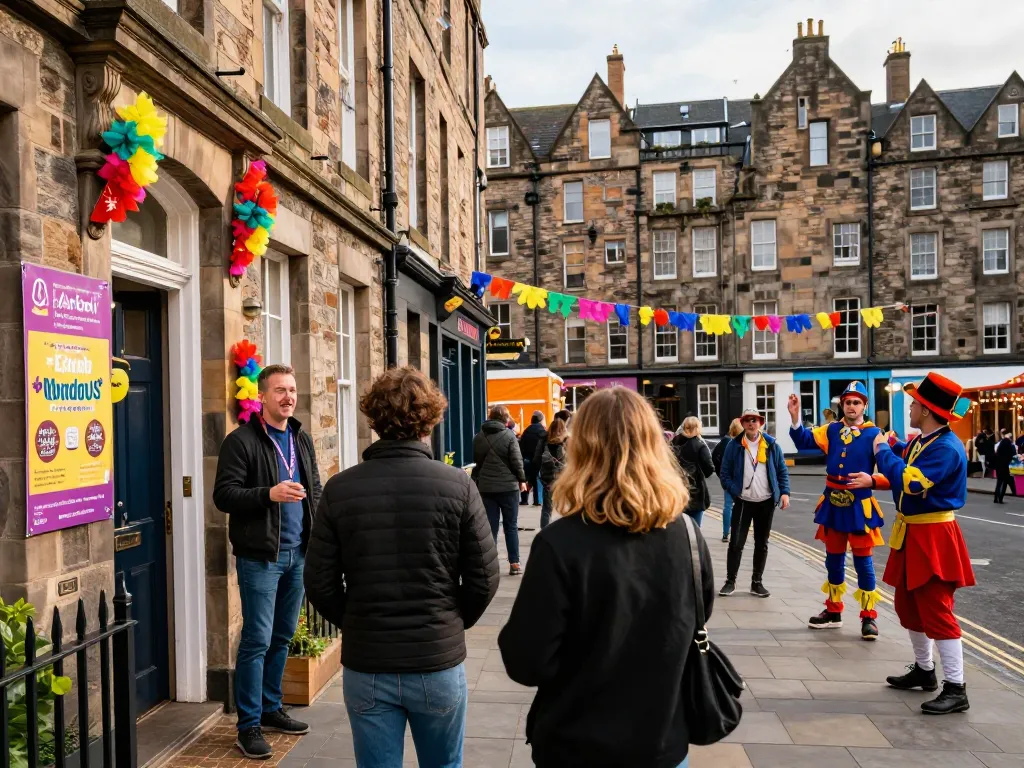 Airbnb management Edinburgh experience with host greeting guests in vibrant Old Town apartment during the Fringe Festival.