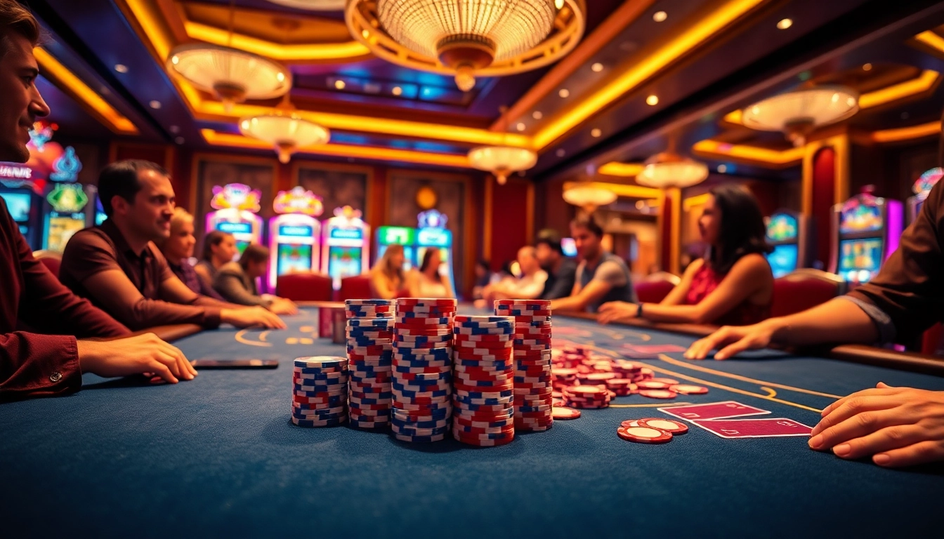SCLUB88 gaming table with enthusiastic players and vibrant poker chips in a luxurious casino setting.