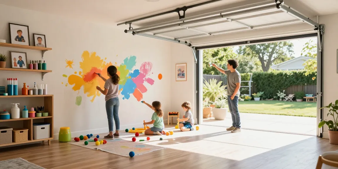 Garage conversions transforming a garage into a bright, modern playroom for families.