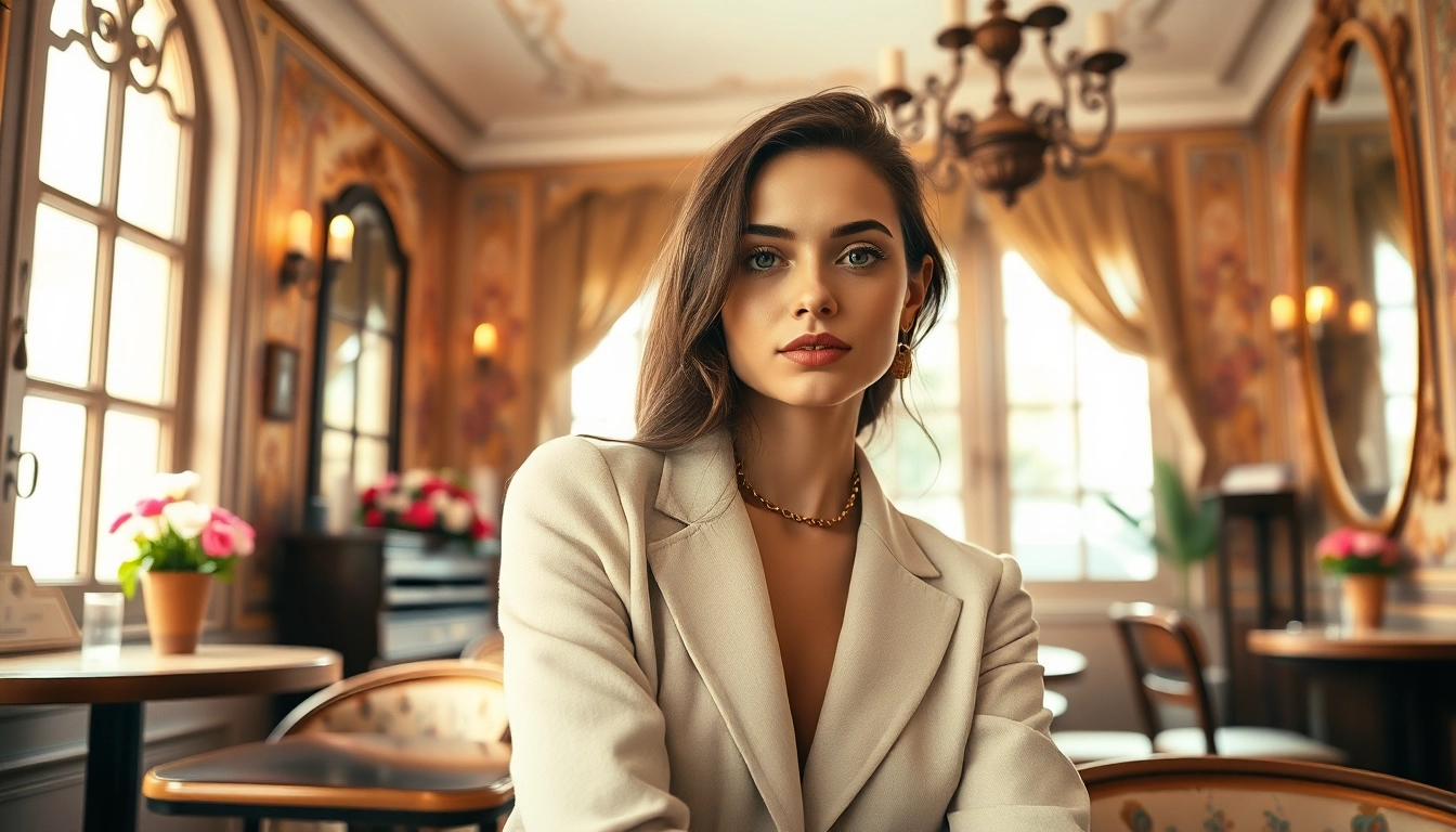 Elegant portrayal of a young Mademoisele in a stylish café setting.