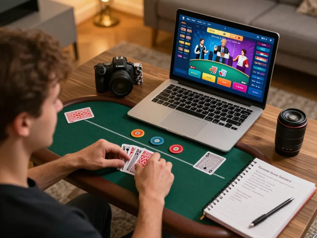 Exciting online poker gameplay at TR88 with players analyzing cards and making strategic bets in a cozy home environment.