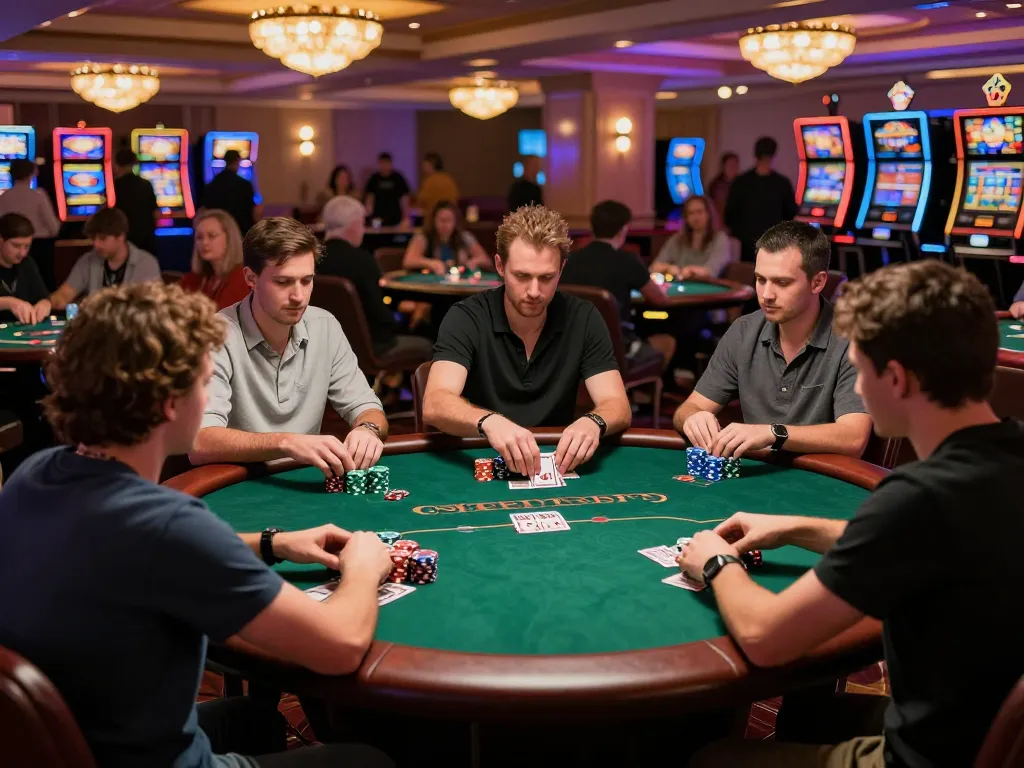 Players strategizing during an intense GG888 poker game at a bustling casino table