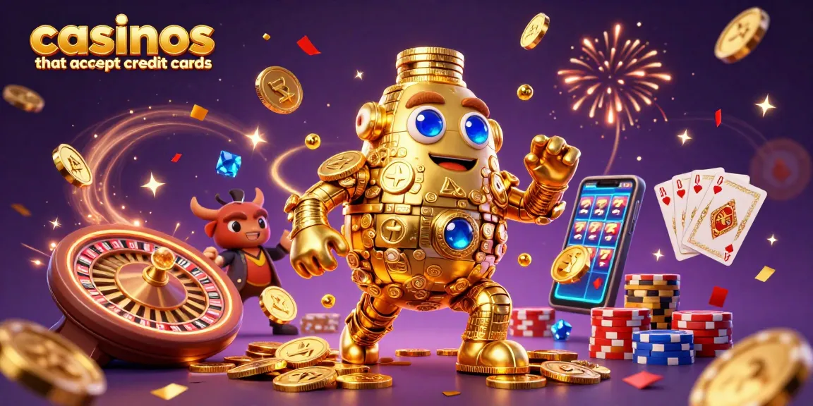 Experience the excitement at casinos that accept credit cards, featuring a dynamic golden golem and vibrant casino elements.