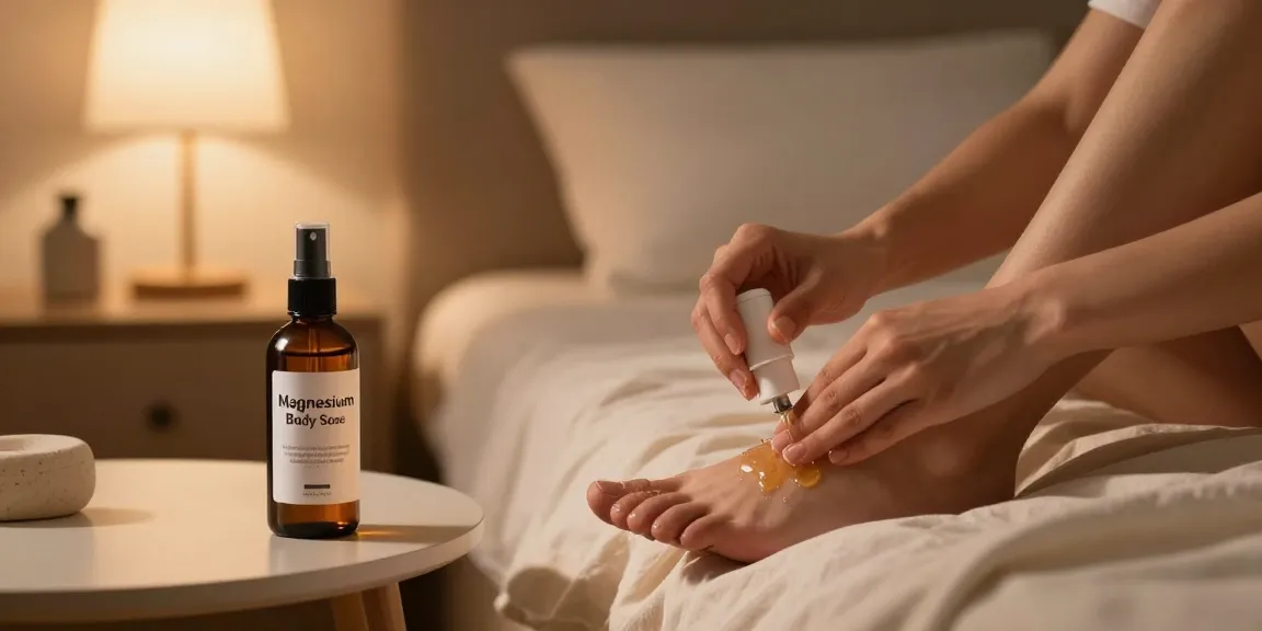 Relaxing application of Magnesium Body Spray in a calming bedroom setting.