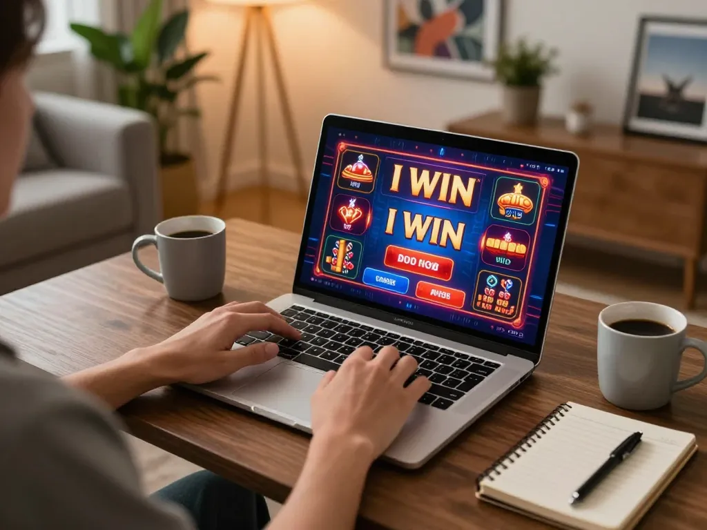 I WIN gaming session on a sleek laptop, depicting an engaging home gambling experience.
