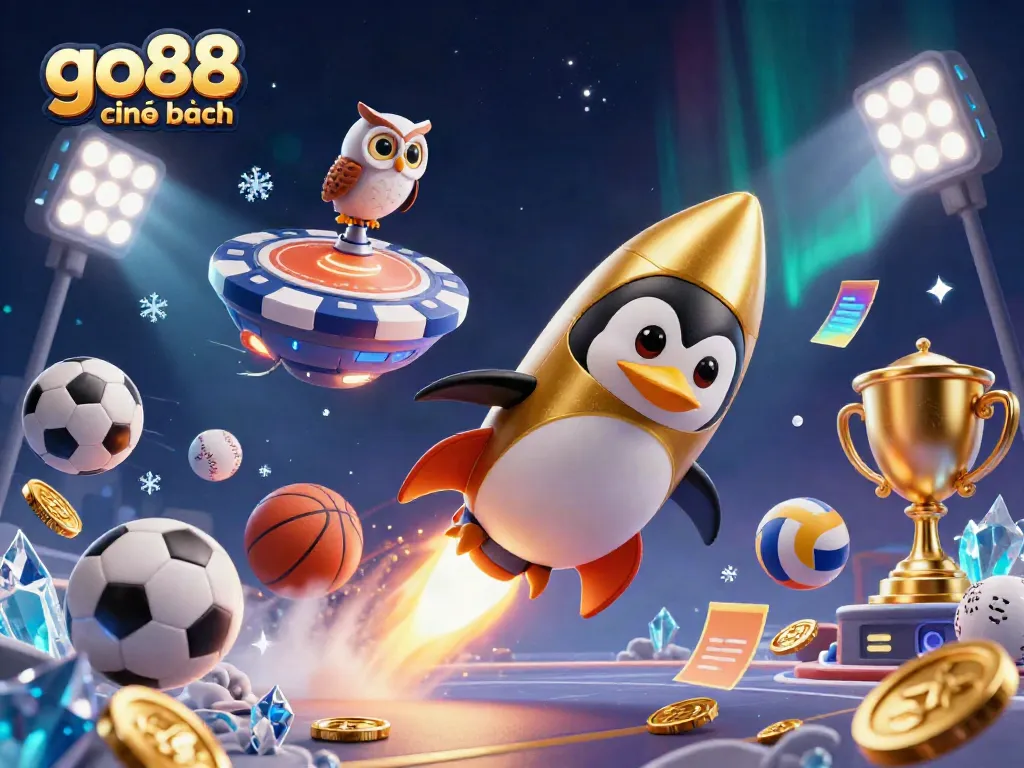Experience go88 chính hãng with a vibrant casino-themed illustration featuring a golden penguin and dynamic sports elements.