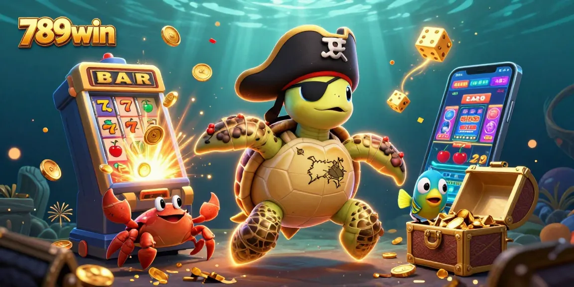 Join 789win's magical treasure quest with a lively pirate turtle, golden crab, and vibrant fish in this exciting slot game scene.