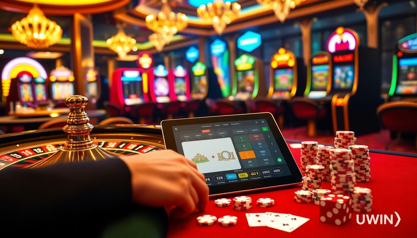 Engage with thrilling KUWIN casino moments featuring roulette, poker chips, and vibrant slot machines.