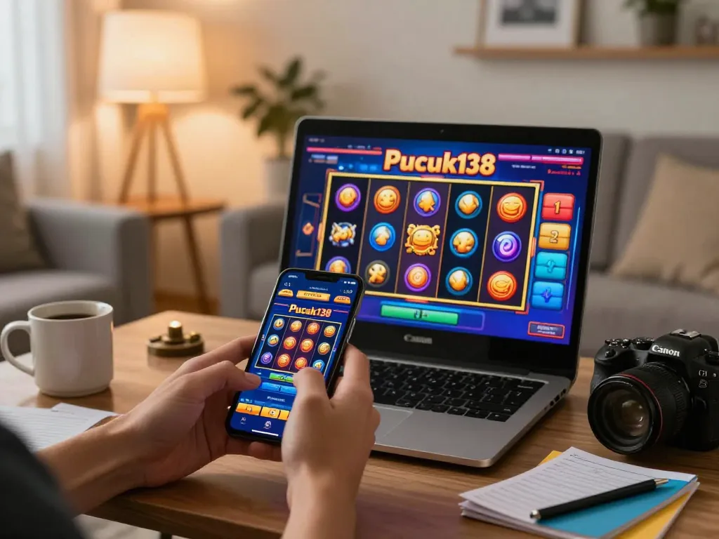 Playing Pucuk138 slots on a smartphone at home, engaging and responsible gaming atmosphere.